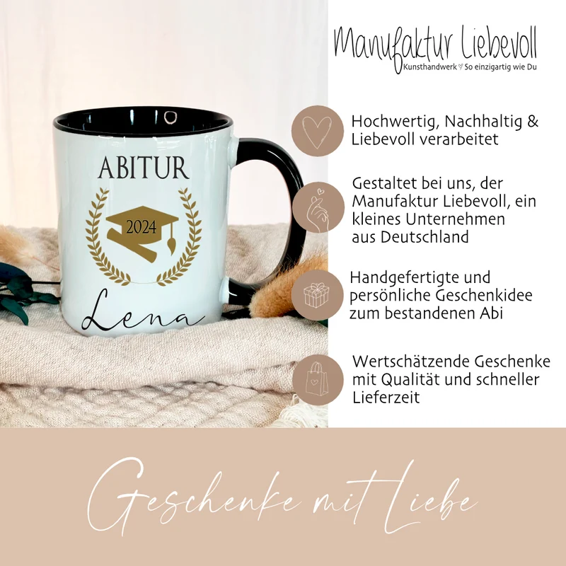 Abitur Kaffeetasse, personalisiertes Abi Geschenk mit Namen, Keramiktasse mit Anhänger als Geschenkidee für Abiturienten, zur bestandenen Prüfung