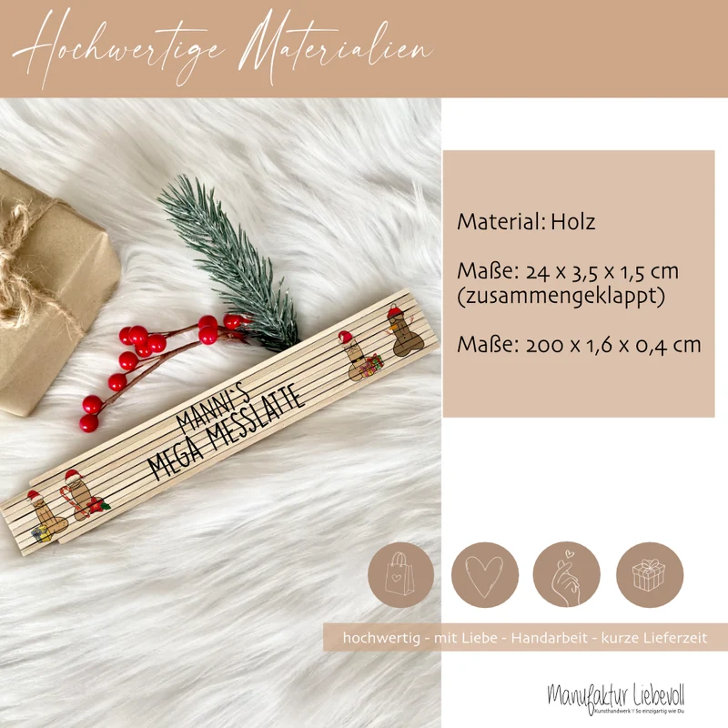 Weihnachtlicher Zollstock aus Holz mit Penismotiven, Mega Maßstab mit dem Namen, Geschenk für den Mann