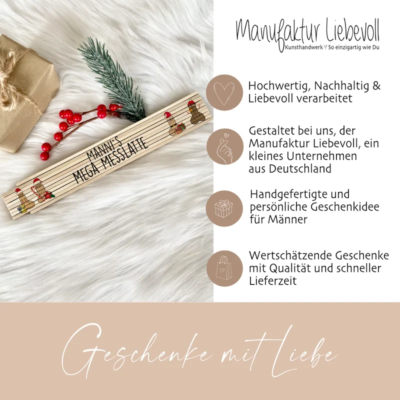 Weihnachtlicher Zollstock aus Holz mit Penismotiven, Mega Maßstab mit dem Namen, Geschenk für den Mann