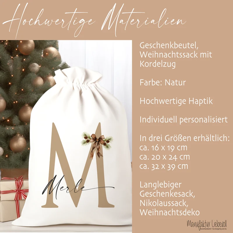 Weihnachtlicher Geschenkbeutel personalisiert mit dem Namen und Buchstaben Weihnachtssack