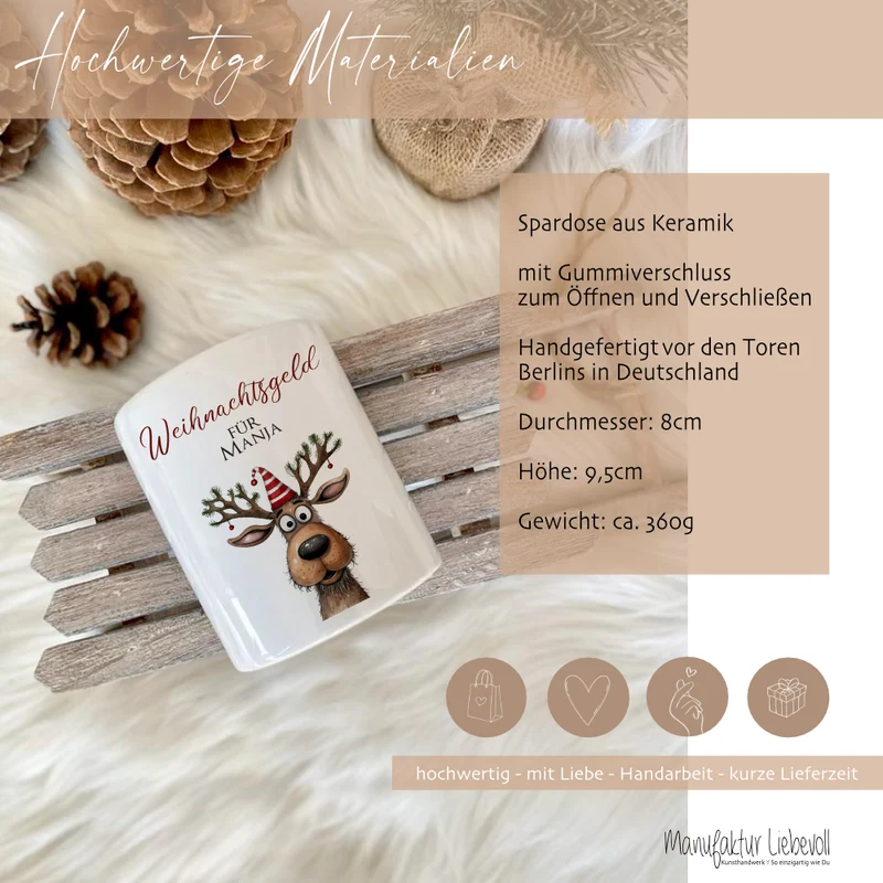 Weihnachtsgeld Spardose mit Rentier und dem Namen personalisiert