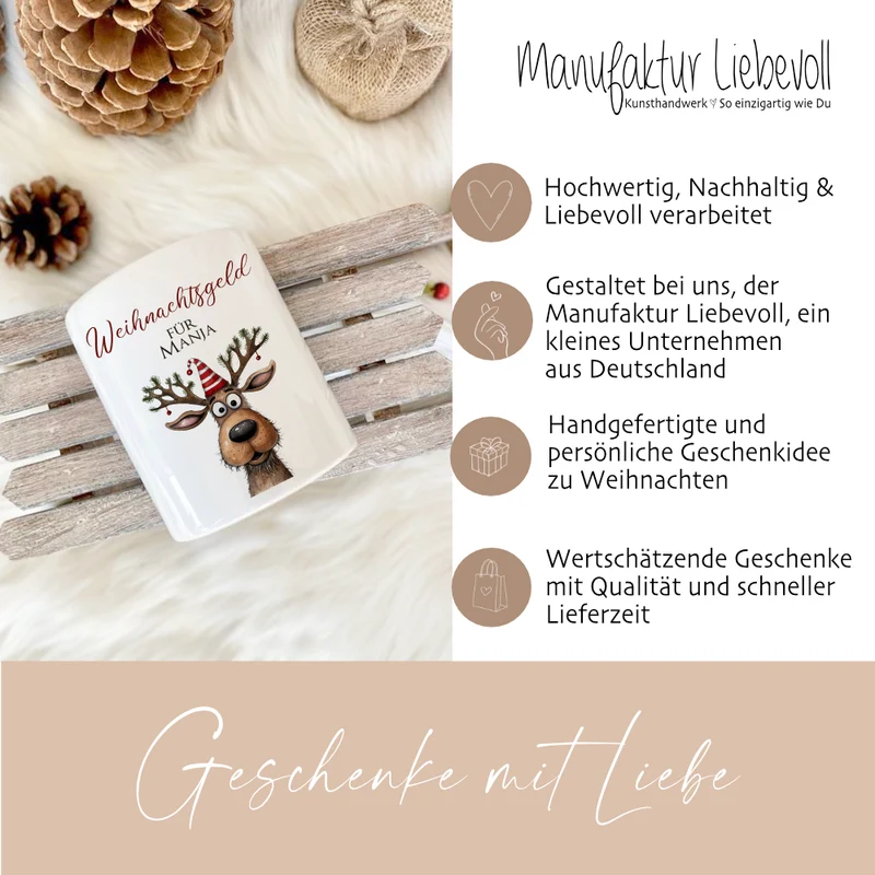 Weihnachtsgeld Spardose mit Rentier und dem Namen personalisiert