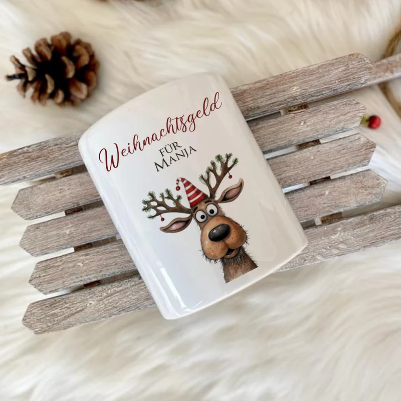 Weihnachtsgeld Spardose mit Rentier und dem Namen personalisiert