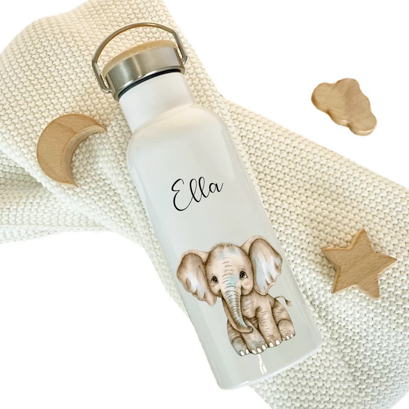 Personalisierte Kinder Trinkflasche „Elefanten Baby" mit Namen für Mädchen Jungen | Edelstahl Thermosflasche für Kita Schule 500ml