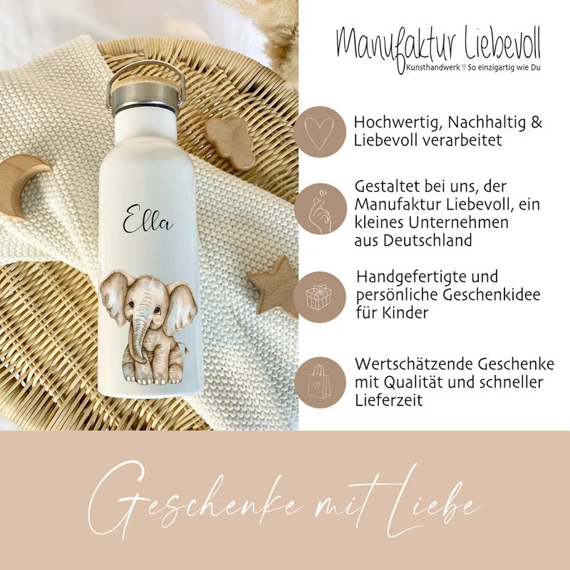 Personalisierte Kinder Trinkflasche „Elefanten Baby" mit Namen für Mädchen Jungen | Edelstahl Thermosflasche für Kita Schule 500ml