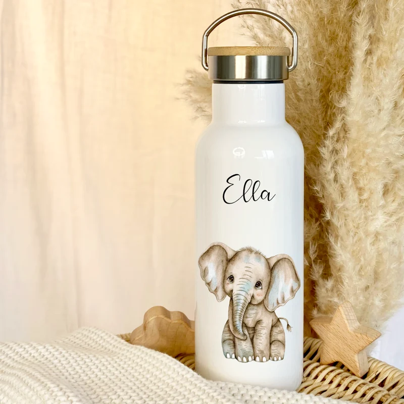 Personalisierte Kinder Trinkflasche „Elefanten Baby" mit Namen für Mädchen Jungen | Edelstahl Thermosflasche für Kita Schule 500ml