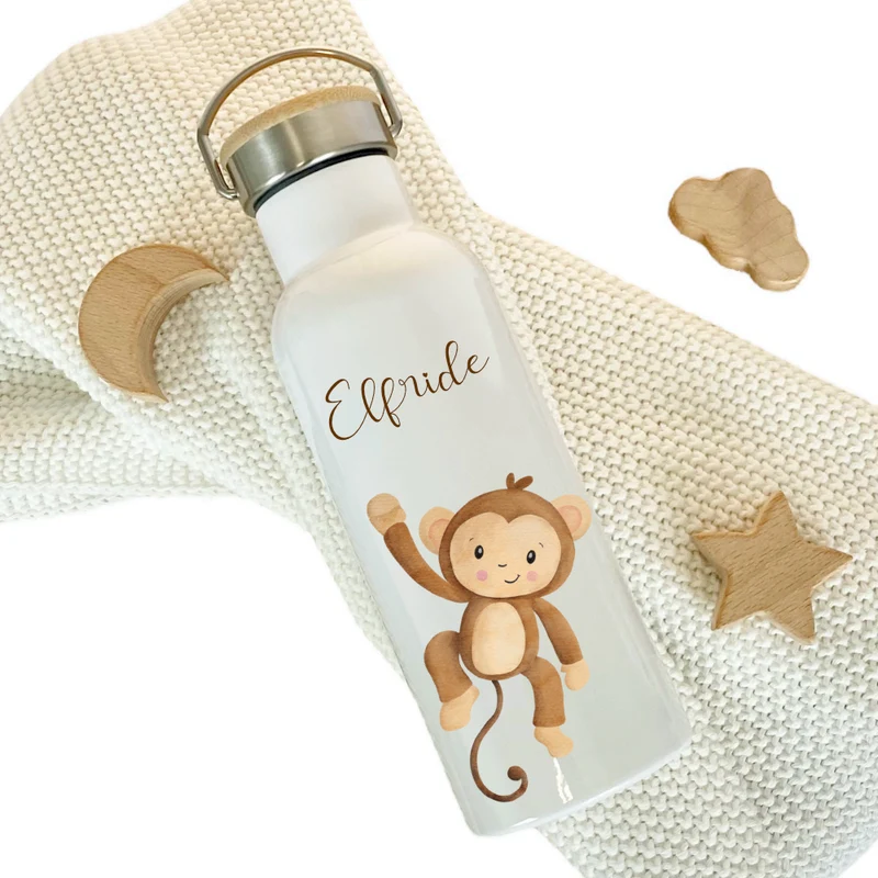 Personalisierte Kinder Trinkflasche "Affe" für Jungen / Mädchen mit Namen | Edelstahl Thermosflasche Tiermotiv mit Bambusdeckel | Kita Schule 500ml