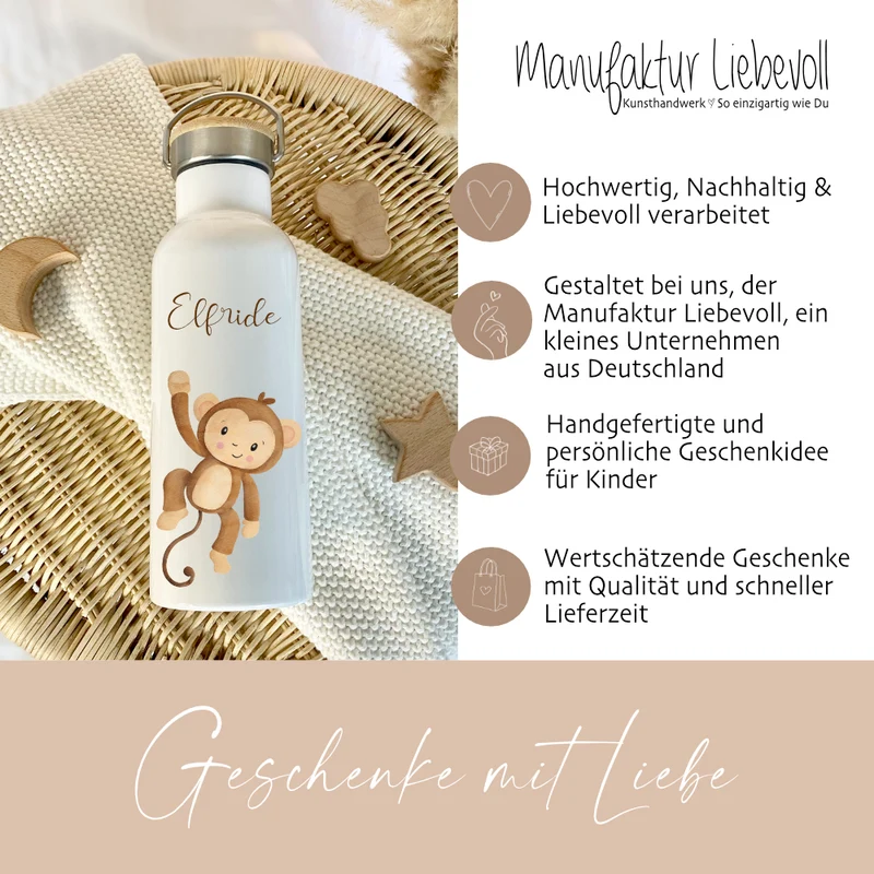 Personalisierte Kinder Trinkflasche "Affe" für Jungen / Mädchen mit Namen | Edelstahl Thermosflasche Tiermotiv mit Bambusdeckel | Kita Schule 500ml