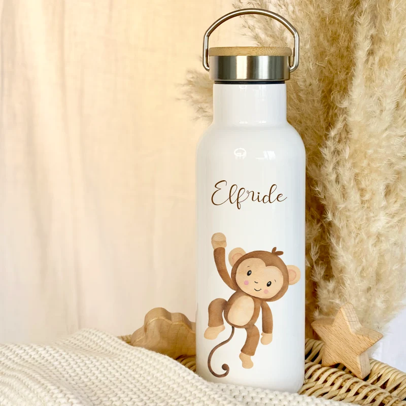 Personalisierte Kinder Trinkflasche "Affe" für Jungen / Mädchen mit Namen | Edelstahl Thermosflasche Tiermotiv mit Bambusdeckel | Kita Schule 500ml