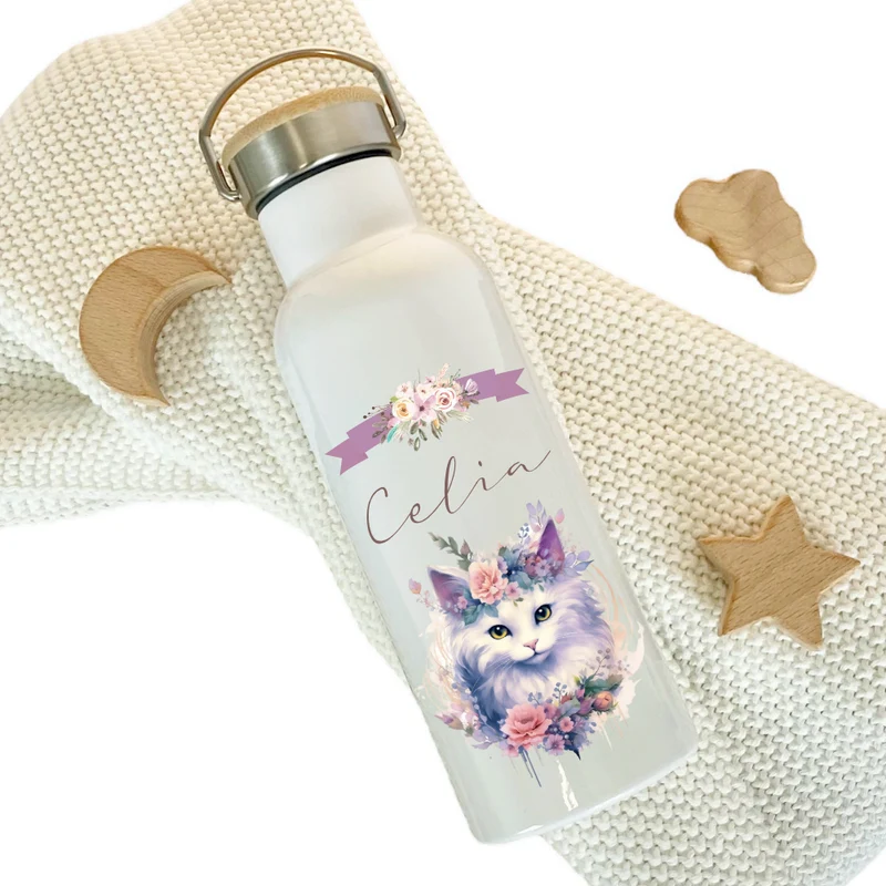 Personalisierte Trinkflasche "Katze" für Mädchen mit Namen | Thermosflasche aus Edelstahl mit Bambusdeckel für Kinder Teenager Schule Kita 500ml