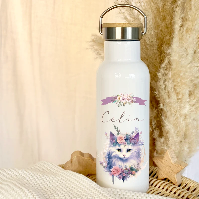 Personalisierte Trinkflasche "Katze" für Mädchen mit Namen | Thermosflasche aus Edelstahl mit Bambusdeckel für Kinder Teenager Schule Kita 500ml