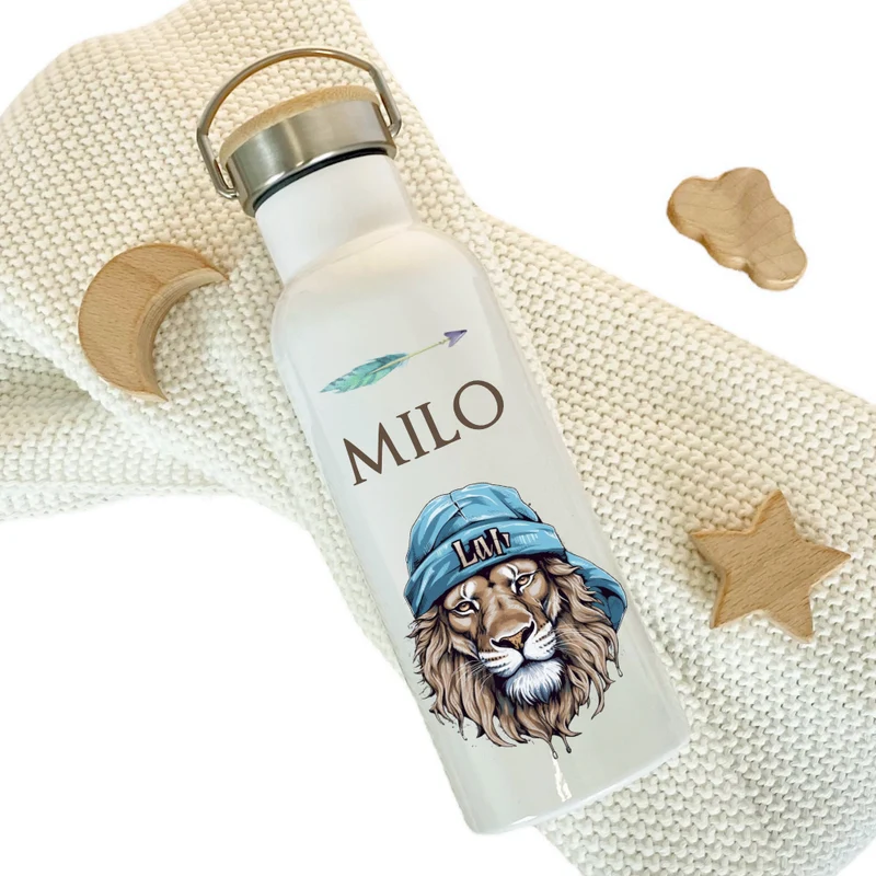Kinder Trinkflasche "Löwe" personalisiert für Jungen / Teenager mit Namen | Edelstahl Thermosflasche Tiermotiv mit Bambusdeckel | Kita Schule 500ml