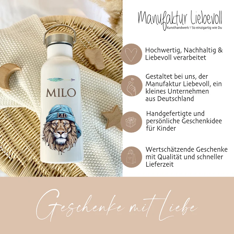 Kinder Trinkflasche "Löwe" personalisiert für Jungen / Teenager mit Namen | Edelstahl Thermosflasche Tiermotiv mit Bambusdeckel | Kita Schule 500ml