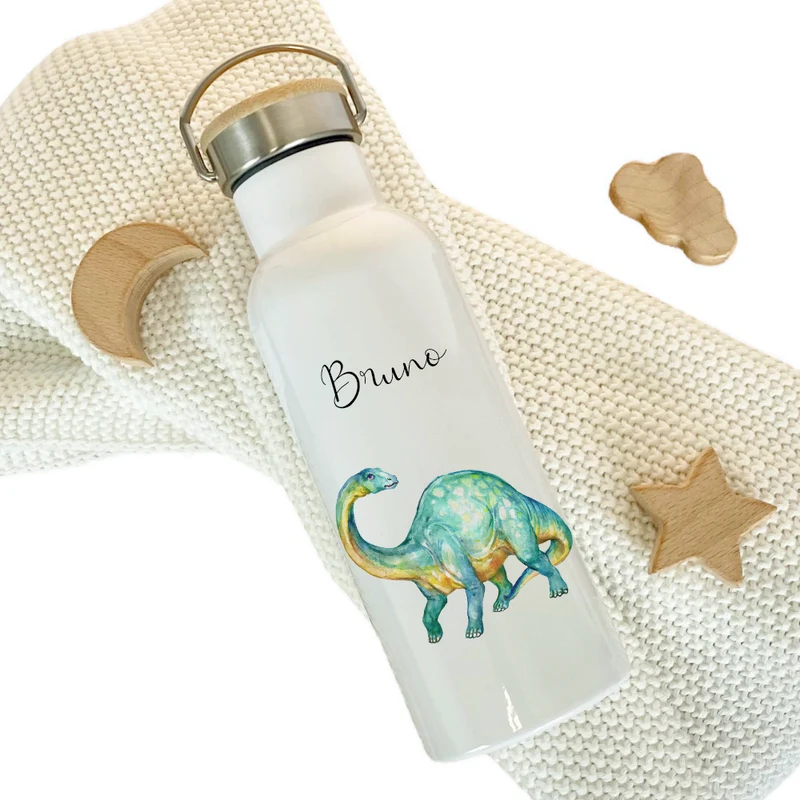 Personalisierte Kinder Trinkflasche "Dino" für Jungen / Mädchen mit Namen | Edelstahl Thermosflasche Tiermotiv mit Bambusdeckel | Kita Schule 500ml