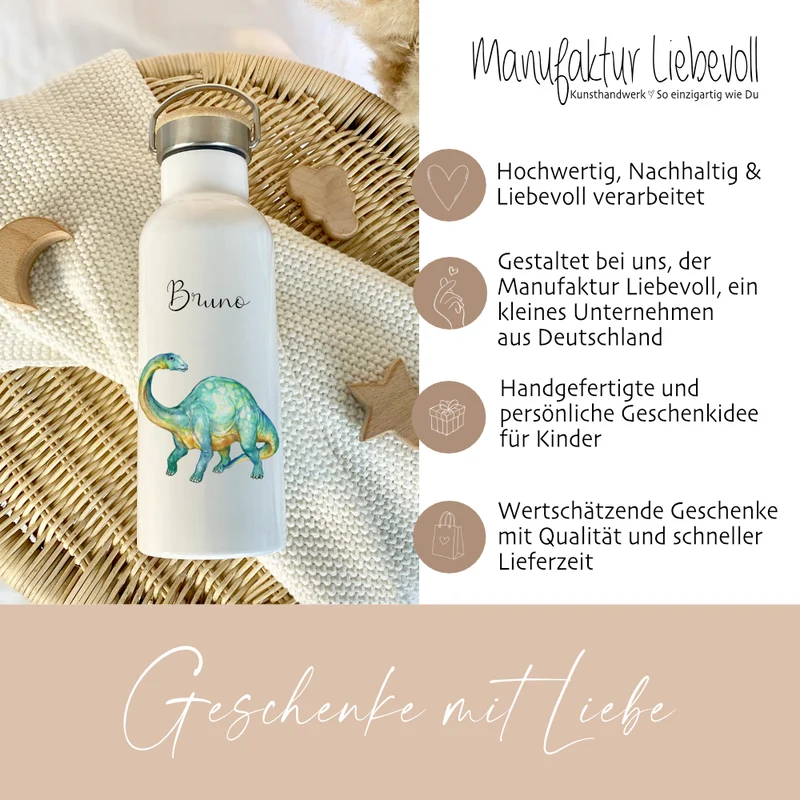 Personalisierte Kinder Trinkflasche "Dino" für Jungen / Mädchen mit Namen | Edelstahl Thermosflasche Tiermotiv mit Bambusdeckel | Kita Schule 500ml