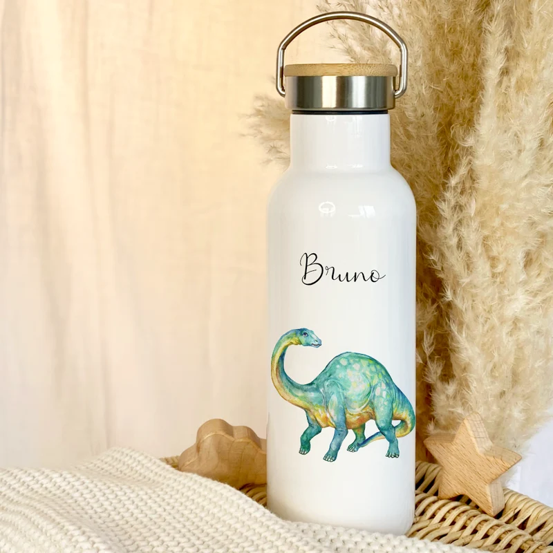 Personalisierte Kinder Trinkflasche "Dino" für Jungen / Mädchen mit Namen | Edelstahl Thermosflasche Tiermotiv mit Bambusdeckel | Kita Schule 500ml