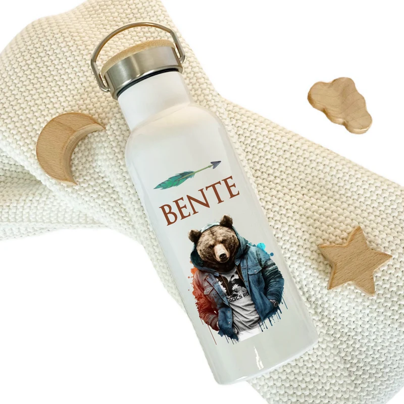 Personalisierte Kinder Trinkflasche "Bär" für Jungen mit Namen Teenager | Thermosflasche aus Edelstahl mit Bambusdeckel für Kita Schule | 500ml