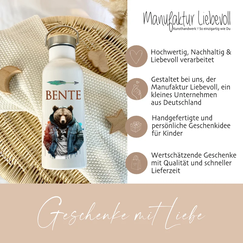 Personalisierte Kinder Trinkflasche "Bär" für Jungen mit Namen Teenager | Thermosflasche aus Edelstahl mit Bambusdeckel für Kita Schule | 500ml