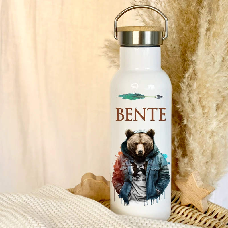 Personalisierte Kinder Trinkflasche "Bär" für Jungen mit Namen Teenager | Thermosflasche aus Edelstahl mit Bambusdeckel für Kita Schule | 500ml