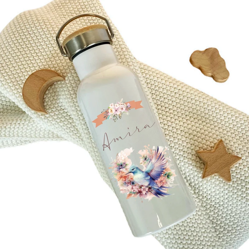 Personalisierte Trinkflasche "Vogel" für Mädchen mit Namen | retro Thermosflasche aus Edelstahl mit Bambusdeckel für Kinder Teenager Schule Kita 500ml