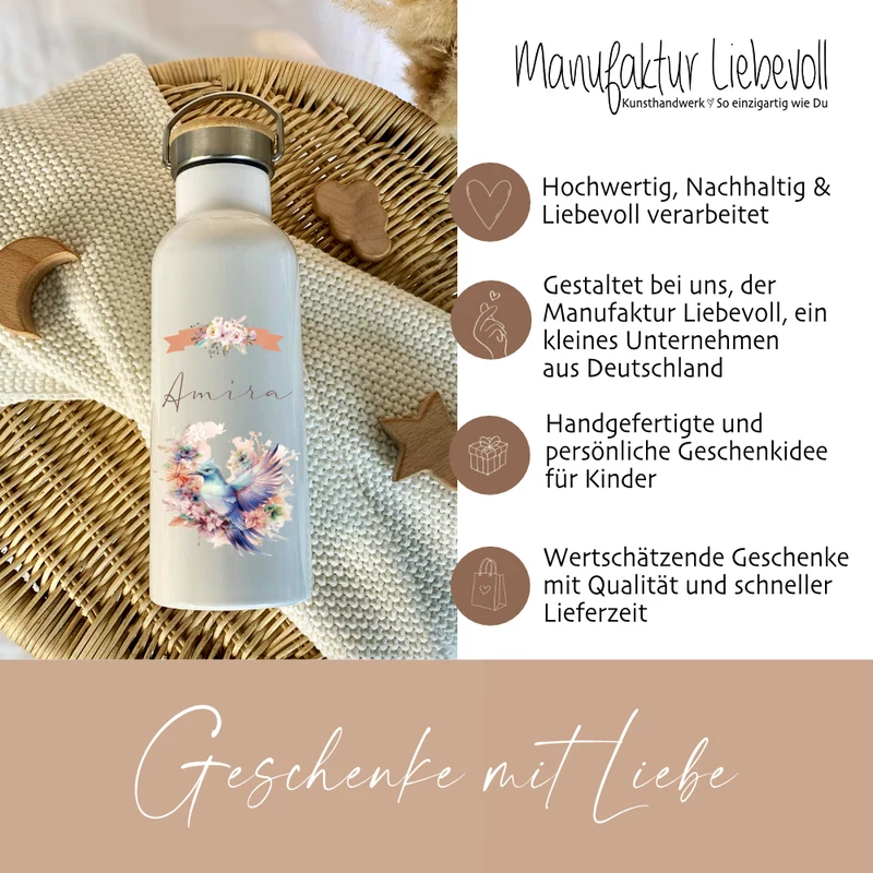 Personalisierte Trinkflasche "Vogel" für Mädchen mit Namen | retro Thermosflasche aus Edelstahl mit Bambusdeckel für Kinder Teenager Schule Kita 500ml