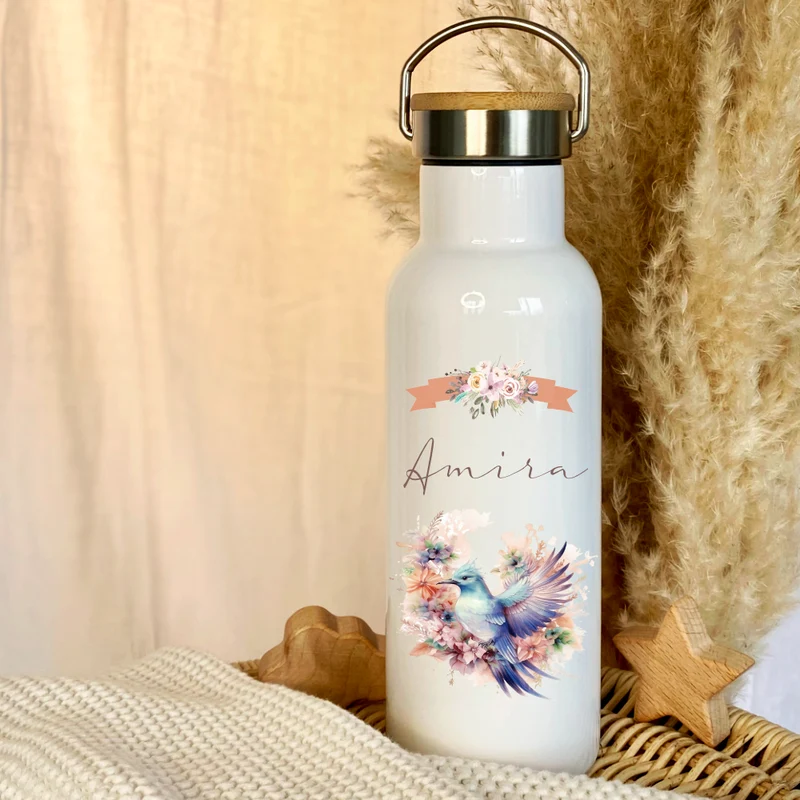 Personalisierte Trinkflasche "Vogel" für Mädchen mit Namen | retro Thermosflasche aus Edelstahl mit Bambusdeckel für Kinder Teenager Schule Kita 500ml