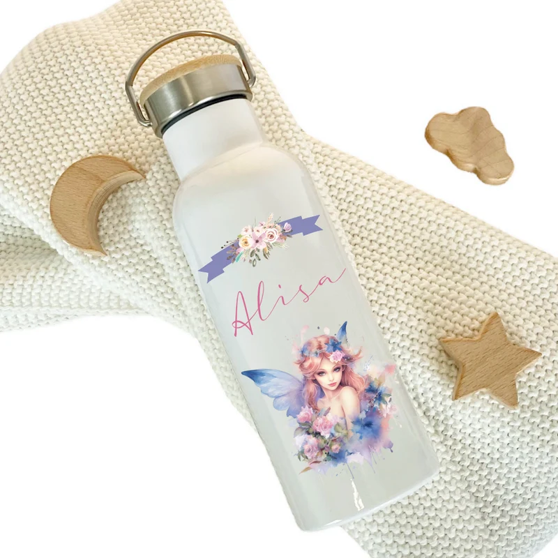Personalisierte Trinkflasche "Elfe" für Mädchen mit Namen | Weiße Thermosflasche aus Edelstahl mit Bambusdeckel für Kinder Teenager Schule Kita 500ml