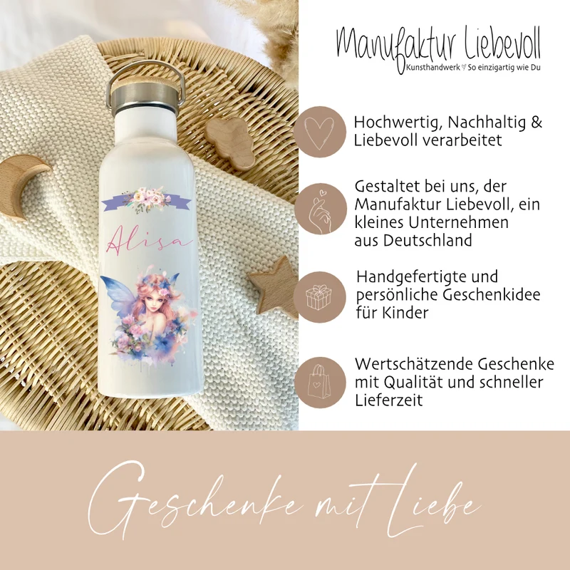 Personalisierte Trinkflasche "Elfe" für Mädchen mit Namen | Weiße Thermosflasche aus Edelstahl mit Bambusdeckel für Kinder Teenager Schule Kita 500ml