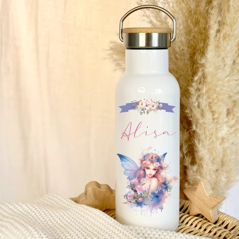 Personalisierte Trinkflasche "Elfe" für Mädchen mit Namen | Weiße Thermosflasche aus Edelstahl mit Bambusdeckel für Kinder Teenager Schule Kita 500ml