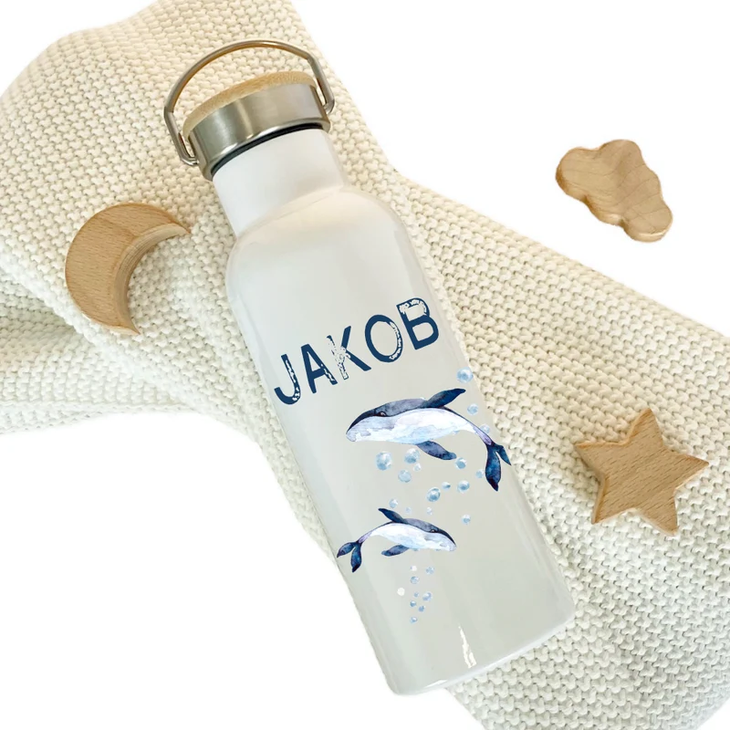 Personalisierte Kinder Trinkflasche „Wal" mit Namen für Mädchen /Jungen | Edelstahl Thermosflasche für Kita Schule 500ml