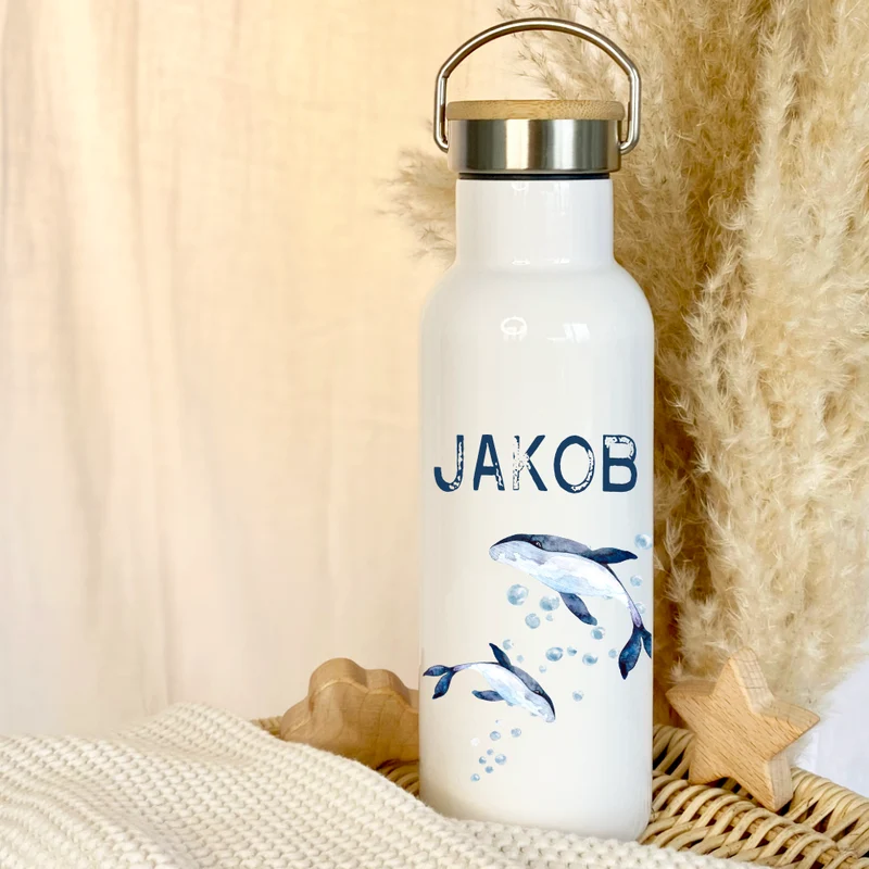 Personalisierte Kinder Trinkflasche „Wal" mit Namen für Mädchen /Jungen | Edelstahl Thermosflasche für Kita Schule 500ml