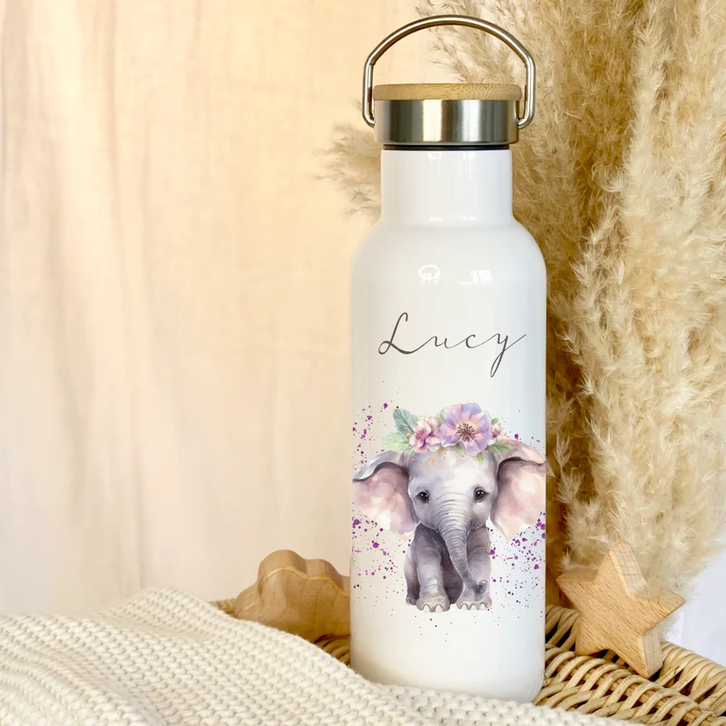 Personalisierte Kinder Trinkflasche „Elefant" mit Namen für Mädchen| Edelstahl Thermosflasche für Kita Schule 500ml