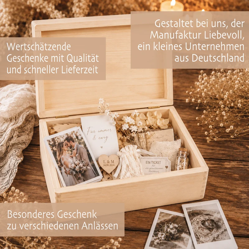 Personalisierte Holzbox mit Wunschtext, Erinnerungskiste mit Namen, Geschenk Geburtstag Hochzeit Abschied Dankeschön Holzkiste Geldgeschenk