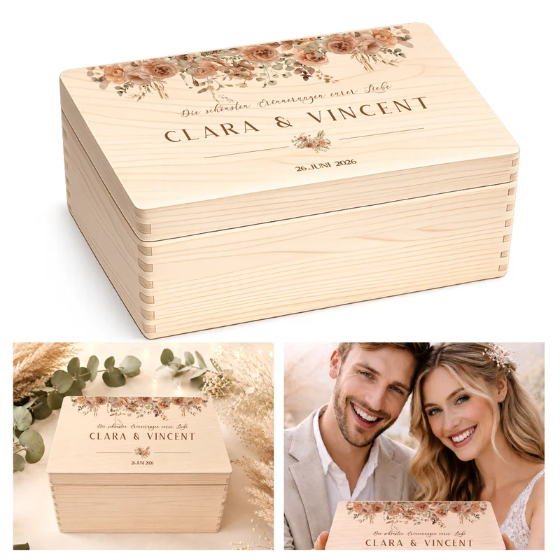 Personalisierte Erinnerungskiste Hochzeit mit Namen & Datum | Hochzeitsgeschenk Brautpaar | Holzbox Hochzeit | Geldgeschenk Hochzeit Liebe