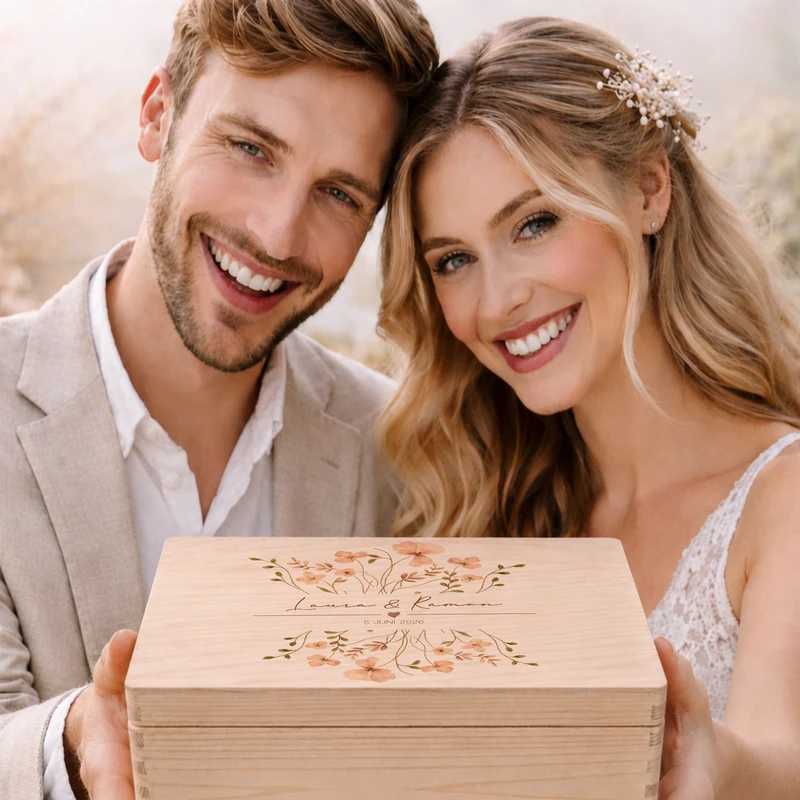 Personalisierte Erinnerungskiste Hochzeit mit Namen & Datum | Hochzeitsgeschenk Brautpaar | Holzbox Hochzeit | Geldgeschenk Hochzeit Liebe
