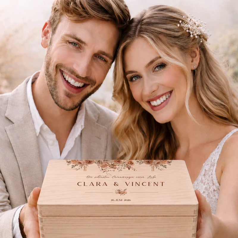 Personalisierte Erinnerungskiste Hochzeit mit Namen & Datum | Hochzeitsgeschenk Brautpaar | Holzbox Hochzeit | Geldgeschenk Hochzeit Liebe