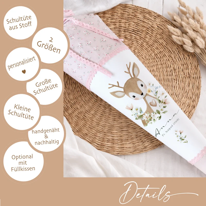 Personalisierte Stoff Schultüte mit Namen – Süße Waldtiere Motive & Boho-Details – Handgemacht zur Einschulung