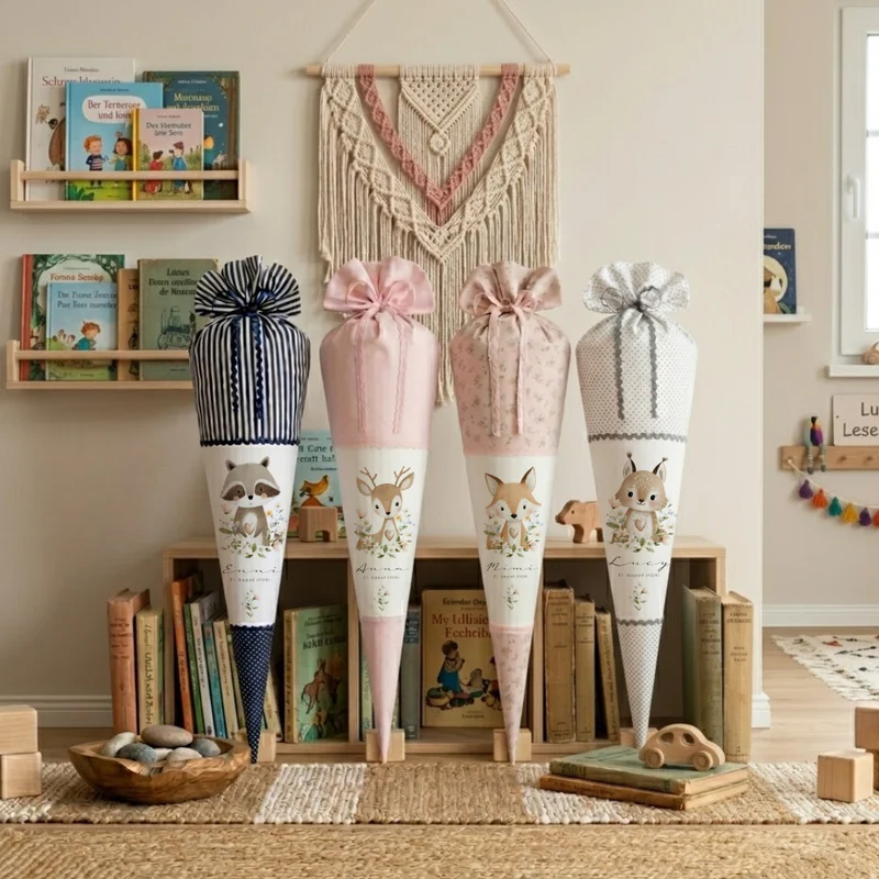 Personalisierte Stoff Schultüte mit Namen – Süße Waldtiere Motive & Boho-Details – Handgemacht zur Einschulung