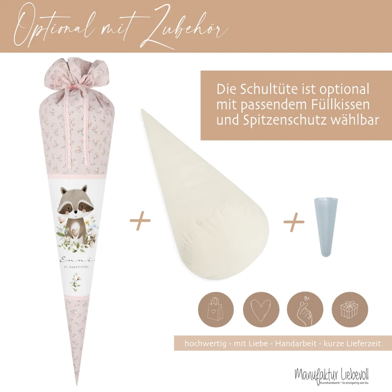 Personalisierte Stoff Schultüte mit Namen – Süße Waldtiere Motive & Boho-Details – Handgemacht zur Einschulung