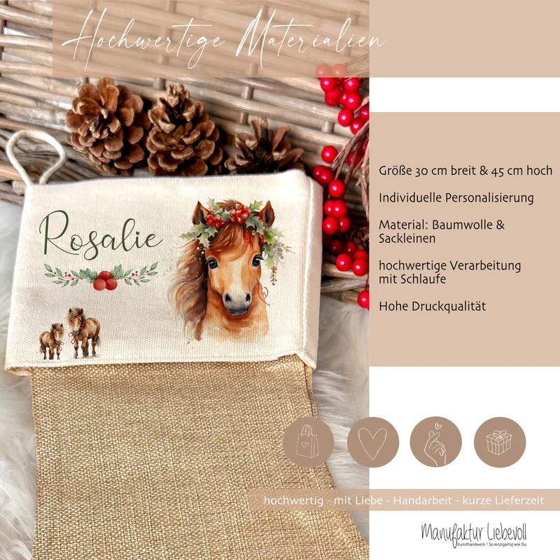 Weihnachtsstrumpf Pferd für Mädchen u. Teenager mit Namen zum Nikolaus und Weihnachten personalisiert | Nikolausstrumpf Pony Geschenkidee für Kinder I 7 Motivvarianten zur Auswahl