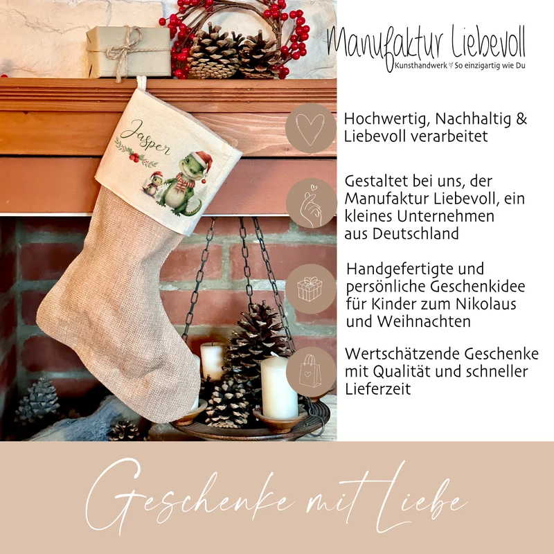 Personalisierter Dinosaurier Weihnachtsstrumpf für Jungen mit Namen zum Nikolaus und Weihnachten | Nikolausstrumpf Geschenkidee für Kinder I 7 Motivvarianten zur Auswahl