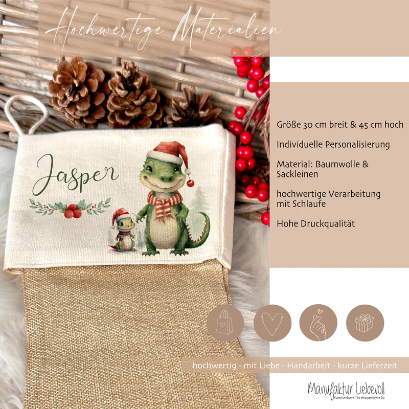 Personalisierter Dinosaurier Weihnachtsstrumpf für Jungen mit Namen zum Nikolaus und Weihnachten | Nikolausstrumpf Geschenkidee für Kinder I 7 Motivvarianten zur Auswahl