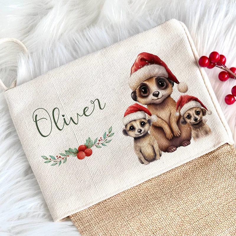 Personalisierter Weihnachtsstrumpf Erdmännchen für Mädchen, Jungen Teenager mit Namen zum Nikolaus und Weihnachten | Nikolausstrumpf Geschenkidee für Kinder I 7 Motivvarianten zur Auswahl