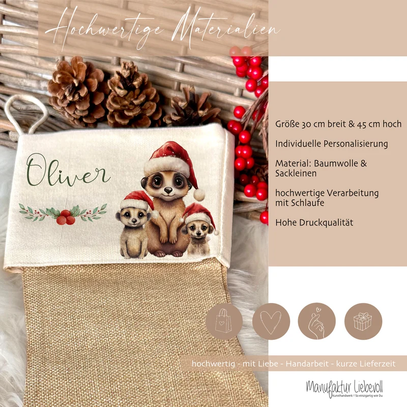 Personalisierter Weihnachtsstrumpf Erdmännchen für Mädchen, Jungen Teenager mit Namen zum Nikolaus und Weihnachten | Nikolausstrumpf Geschenkidee für Kinder I 7 Motivvarianten zur Auswahl