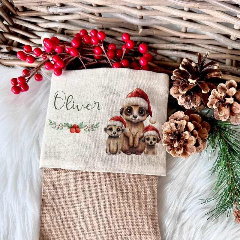 Personalisierter Weihnachtsstrumpf Erdmännchen für Mädchen, Jungen Teenager mit Namen zum Nikolaus und Weihnachten | Nikolausstrumpf Geschenkidee für Kinder I 7 Motivvarianten zur Auswahl