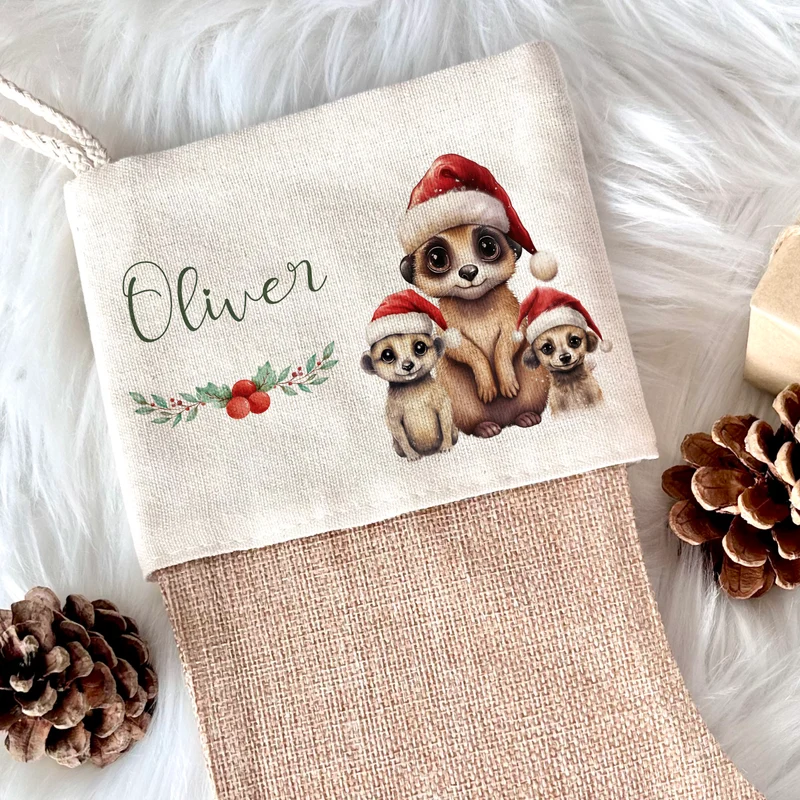 Personalisierter Weihnachtsstrumpf Erdmännchen für Mädchen, Jungen Teenager mit Namen zum Nikolaus und Weihnachten | Nikolausstrumpf Geschenkidee für Kinder I 7 Motivvarianten zur Auswahl