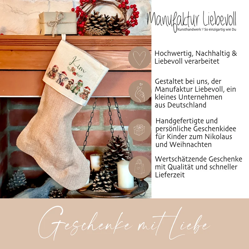 Weihnachtsstrumpf Tiere für Mädchen u. Jungen mit Namen zum Nikolaus und Weihnachten | Personalisierter Nikolausstrumpf Geschenkidee für Kinder I 7 Motivvarianten zur Auswahl