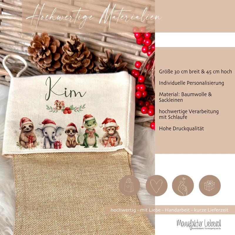 Weihnachtsstrumpf Tiere für Mädchen u. Jungen mit Namen zum Nikolaus und Weihnachten | Personalisierter Nikolausstrumpf Geschenkidee für Kinder I 7 Motivvarianten zur Auswahl