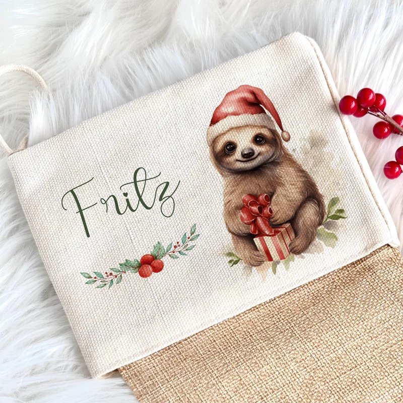 Personalisierter Weihnachtsstrumpf Faultier für Mädchen, Jungen, Teenager mit Namen zu Nikolaus und Weihnachten | Nikolausstrumpf Geschenkidee für Kinder I 7 Motivvarianten zur Auswahl