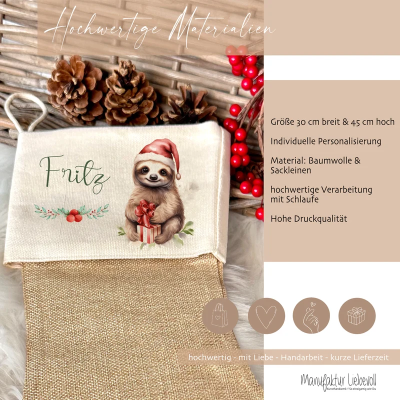 Personalisierter Weihnachtsstrumpf Faultier für Mädchen, Jungen, Teenager mit Namen zu Nikolaus und Weihnachten | Nikolausstrumpf Geschenkidee für Kinder I 7 Motivvarianten zur Auswahl